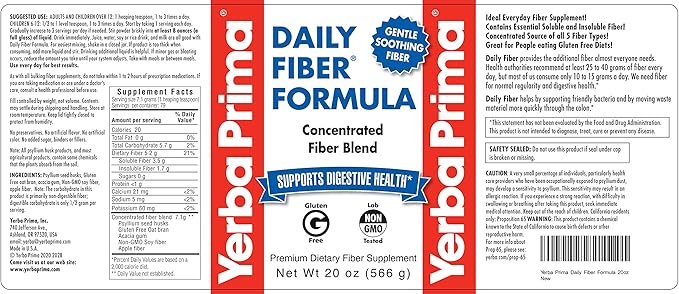 Yerba Prima Daily Fiber Formula - 20 oz Powder (Pack of 2) - Unflavored, Concentrated Blend of Soluble/Insoluble, Psyllium Seed Husks, Acacia Gum, Apple Fiber Supplement - Regularity Colon Cleanser
