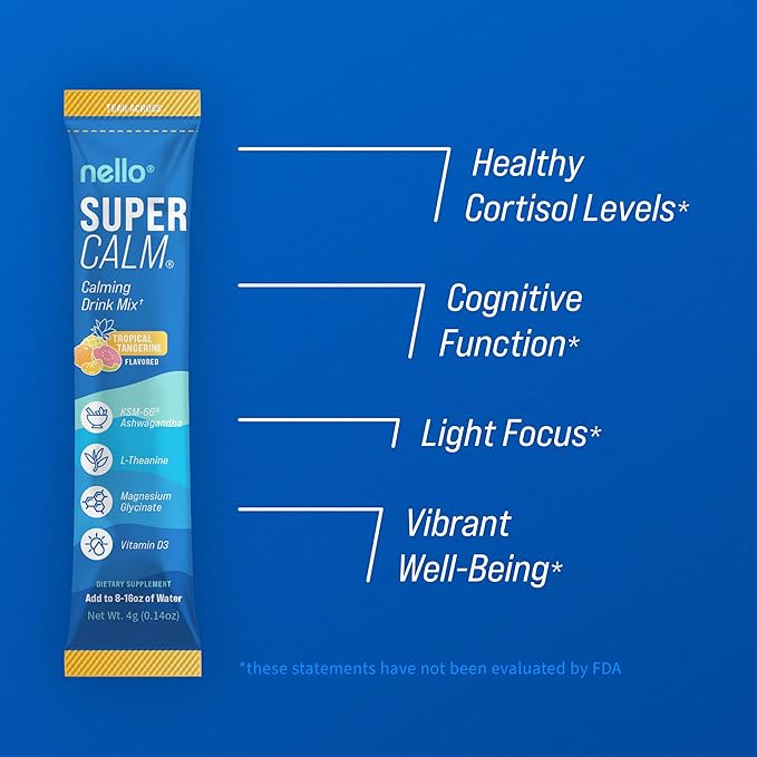 Supercalm Powdered Drink Mix, Tropical Tangerine, L Theanine, Ksm-66 Ashwagandha, Magnesium Glycinate, Vitamin D 3, Supplements for Relaxation & Focus, Natural, No Sugar, Non GMO, 20 Srvg