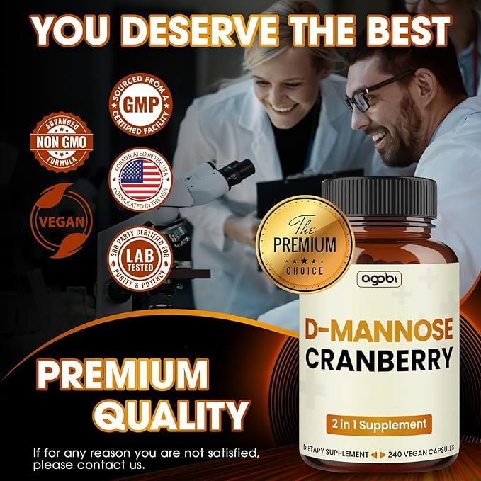 agobi D-Mannose 1300mg with Cranberry 200mg Supplement - 60 Capsules - Support for UTI Health, Immune System & Body Management - Gluten-Free, Non-GMO