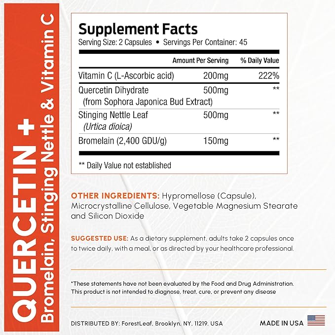 ForestLeaf Quercetin with Bromelain 1350mg - Blend with Vitamin C & Stinging Nettle Supplement, Quercetin 500mg Capsules, Non-GMO Gluten Free, Natural Immune & Respiratory Function, 90 Veggie Caps