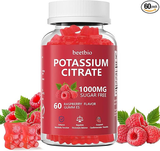 Potassium Citrate Gummies 1000mg, Chewable Potassium Citrate Supplement for Kids & Adults, Support Leg Cramps & Muscle Health, Sugar Free, Vegan, Raspberry Flavor (60Count)