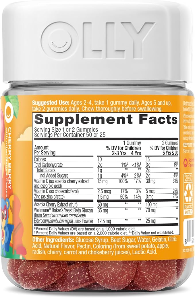 OLLY Kids Immunity Gummy, Immune Support, Wellmune, Elderberry, Vitamin C, Zinc, Chewable Supplement, Cherry - 50 Count