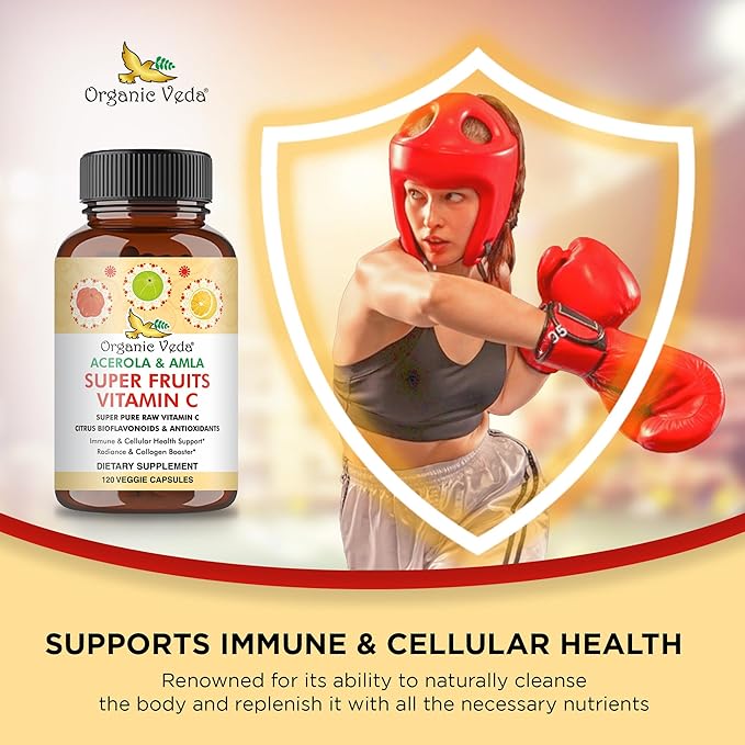 Organic Veda Superfruits Vitamin C Capsule with Acerola Cherry & Amla Berry - Whole Food Natural Vitamin C Supplement with Citrus Bioflavonoids for Immunity, Cellular & Skin Health - 120 Vegan Pills