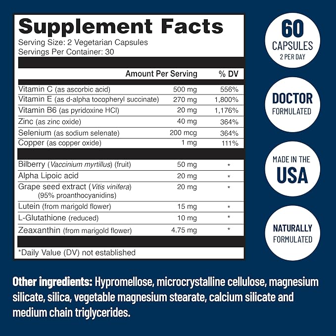 Doctor Formulated AREDS 2 Plus Eye Vitamins with Zeaxanthin Plus Lutein - Bilberry and Grape Seed Extract - Premium Eye Health Formula - 60 Eye Supplement Capsules of VisiVite Gold Plus