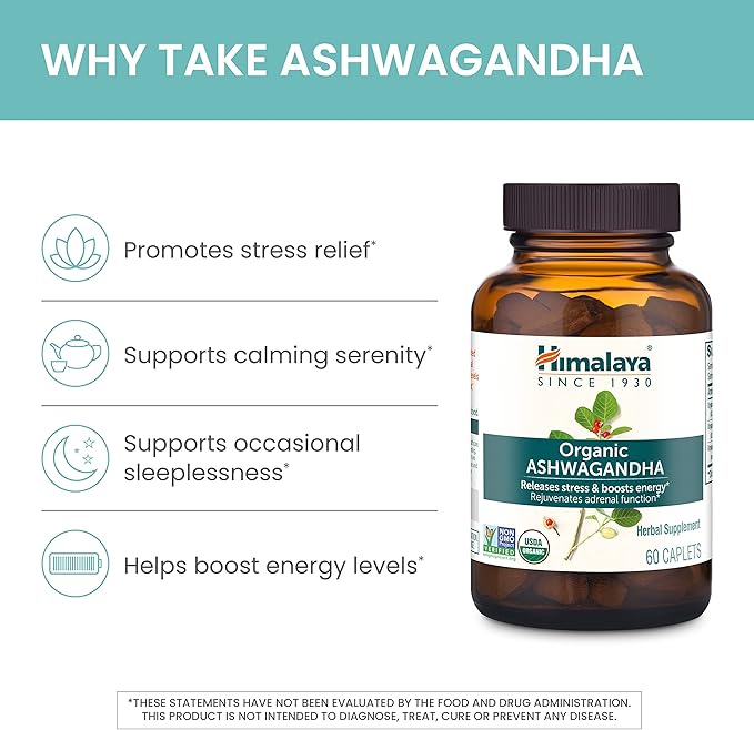 Himalaya Organic Ashwagandha, 60 Day Supply, Herbal Supplement for Stress Relief, Energy Support, Occasional Sleeplessness, Organic, Non-GMO, Vegan, Gluten Free, 670 mg, 60 Caplets