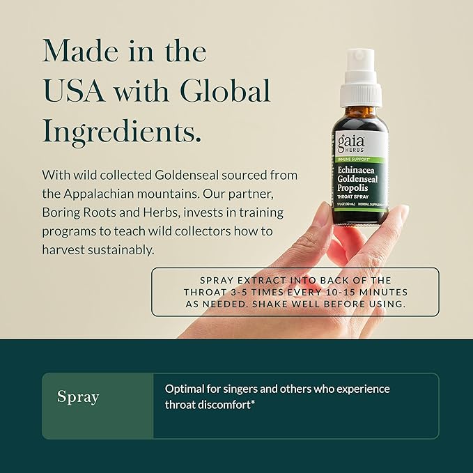 Gaia Herbs Echinacea Goldenseal Propolis Throat Spray - for Immune Support & Throat Health - with Licorice Root, Thyme, Echinacea, Peppermint & Oregon Grape - Organic 1 Fl Oz Spray Bottle