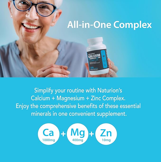 Calcium Magnesium Zinc Supplement - 3-in-1 Complex with 1000mg Calcium, 500mg Magnesium, 10mg Zinc - Bone, Muscle & Immune Support - 270 Tablets, 90 Day Supply