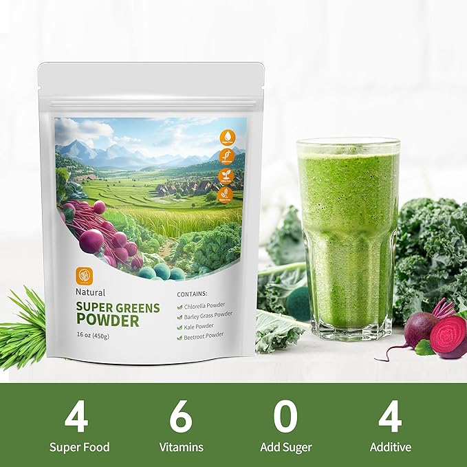 Hudetex Greens Powder Superfood for Immune Support with 16 oz,Greens Powder Smoothie Mix with Chlorella, Barley Grass, Kale & Beetroot Smoothie Booster, Chlorophyll Providing Greens.