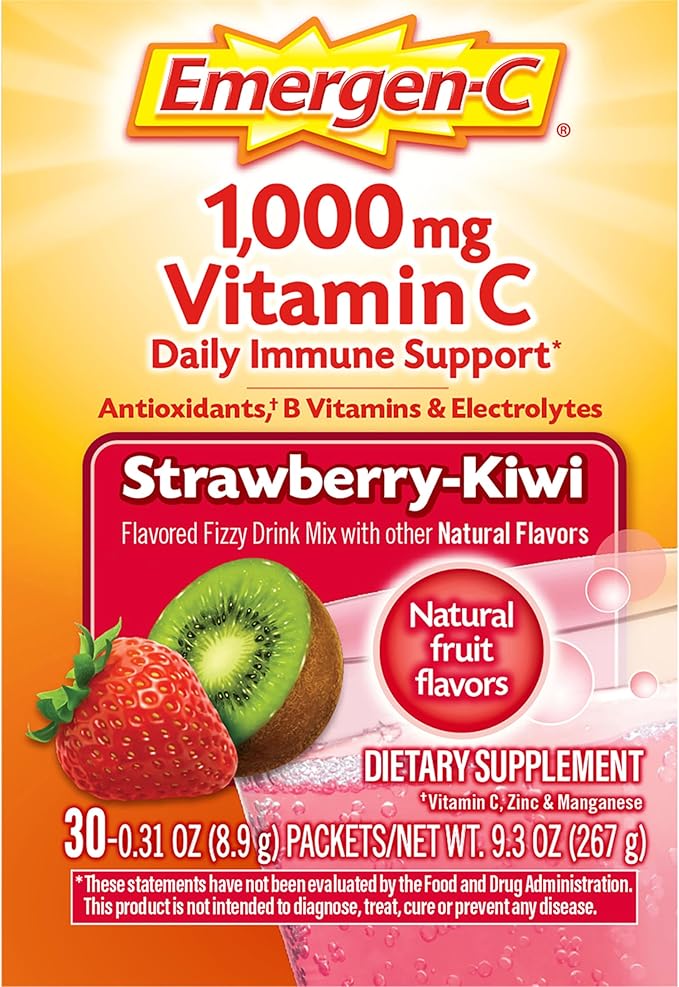 Emergen-C 1000mg Vitamin C Powder, with Antioxidants, B Vitamins and Electrolytes, Vitamin C Supplements for Immune Support, Caffeine Free Fizzy Drink Mix, Strawberry Kiwi Flavor - 30 Count