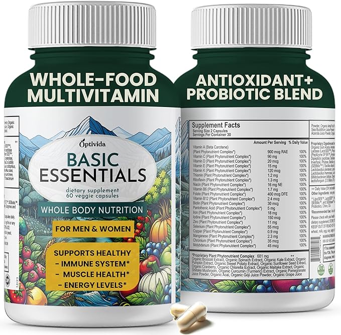 OPTIVIDA Organic Whole Food Multivitamin for Men & Women (1 Month Supply) with Probiotics & Antioxidant Blends | Daily Plant Based Multivitamins | Non-GMO, Whole Food Womens Multivitamin