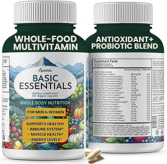 OPTIVIDA Organic Whole Food Multivitamin for Men & Women (1 Month Supply) with Probiotics & Antioxidant Blends | Daily Plant Based Multivitamins | Non-GMO, Whole Food Womens Multivitamin
