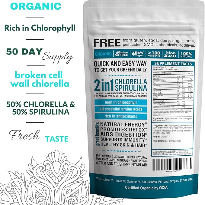 Chlorella Spirulina Powder Organic | Super Greens Powder and Smoothie Mix | Rich in Chlorophyll for Immune Support and Energy | Raw Vegan Protein | Spirulina Chlorella Powder | 50 Servings