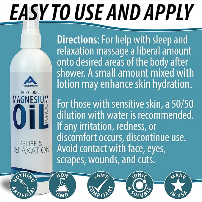 Anderson Magnesium Oil Spray for Relief and Relaxation | 12oz Bottle | Topical Ionic Magnesium | Promotes Relaxation, Relief from Muscle Cramps | Made in The USA
