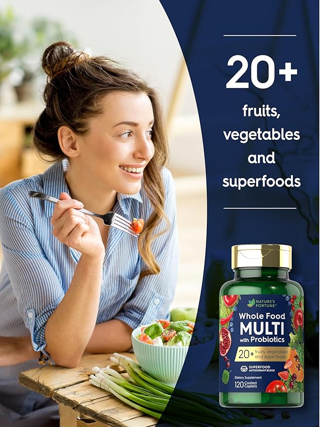 Nature's Fortune Whole Food Multivitamin with Probiotics | 120 Coated Caplets | Made with 20 Fruits and Vegetables | Non-GMO & Gluten Free Supplement