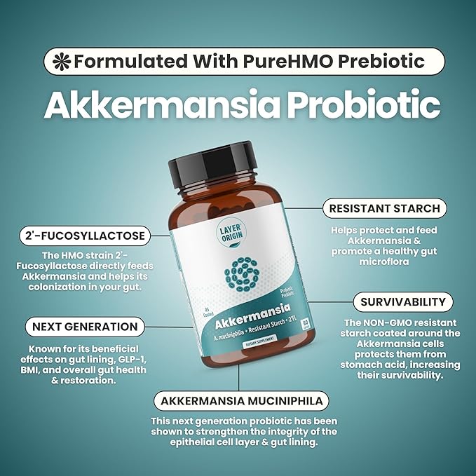 Layer Origin Akkermansia muciniphila Probiotic, The Only Akkermansia with PureHMO Prebiotic, Live, Validated Strain, 30-Day