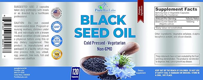 Cold Pressed Black Seed Oil - 120 Capsules, Premium Nigella Sativa Pure Black Cumin Seed Oil with Vitamin E, for Hair, Skin & Immune Health - Non-GMO 120 Capsules