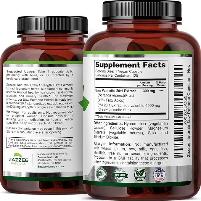 Zazzee Extra Strength Saw Palmetto 20:1 Extract, 6000 mg Strength, 40% Fatty Acids, 120 Vegan Capsules, 4 Month Supply, Concentrated and Standardized 20X Extract, Non-GMO, All-Natural, Made in the USA