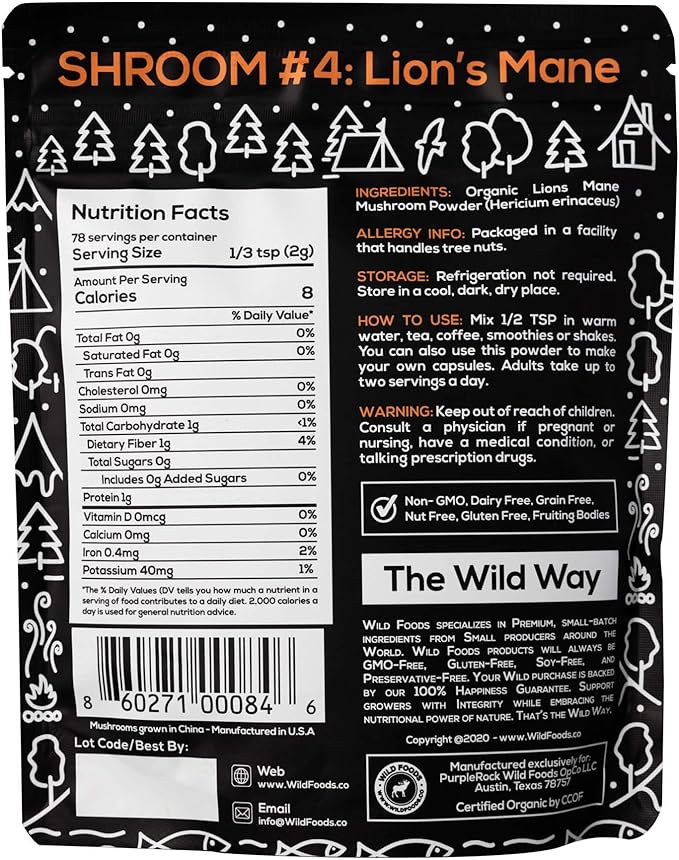 Wild Foods Lions Mane Powder Mushrooms Extract 10:1 | Organic Mushroom Powder | Adaptogenic Nootropic Herb for Brain Health, Memory and Focus (4 Ounce (Pack of 2))