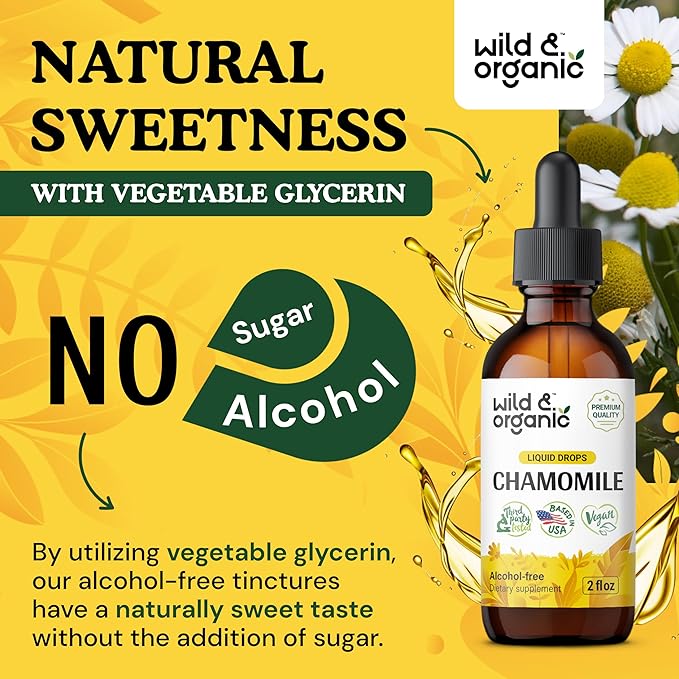 Wild & Organic Chamomile Tincture - Relaxing & Calming Chamomile Supplement - Liquid Flower Extract Drops - Vegan, Sugar & Alcohol-Free - 2 fl oz