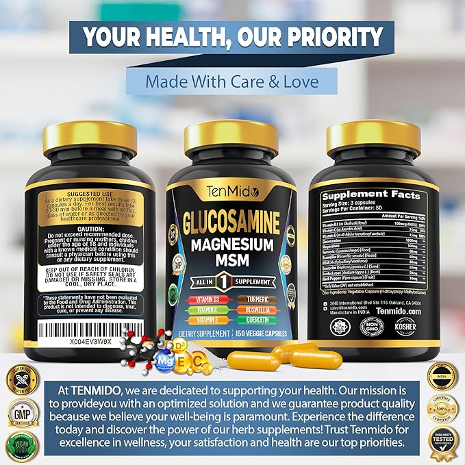 Glucosamine MSM Supplement for Men and Women - 11in1 Formula - Combine with Magnesium, Turmeric, Boswellia, Quercetin, Burdock Root, and More | Joint & Mobility Support - 150 Capsules