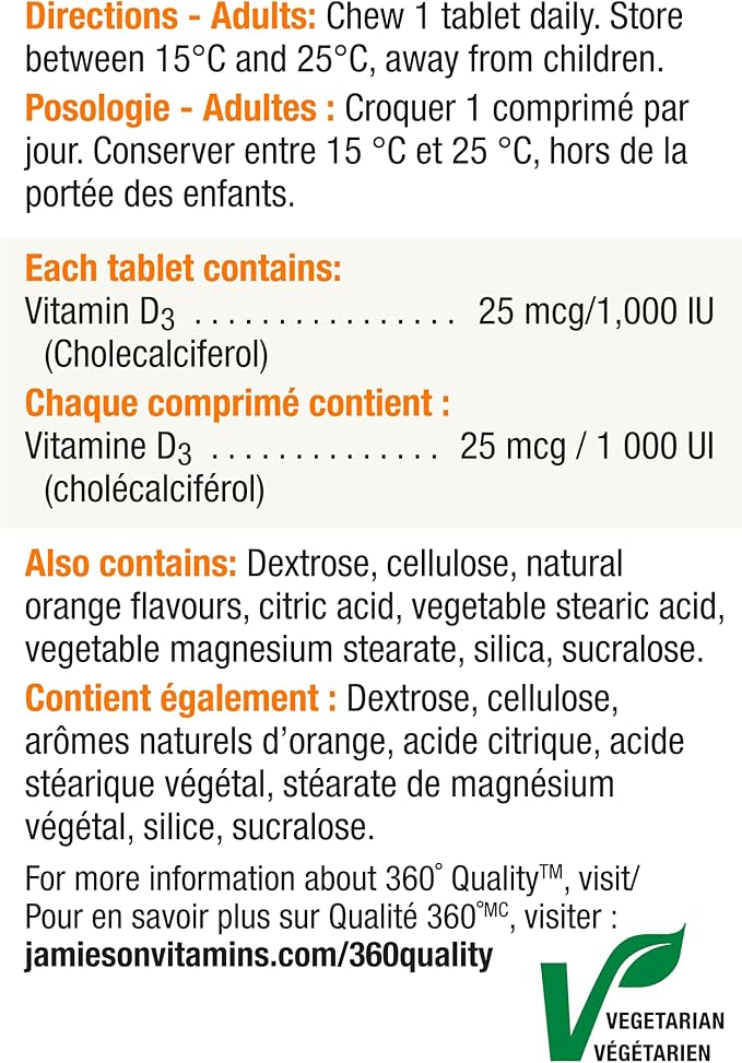 Jamieson Natural Tangy Orange Chewable Vitamin D 1000IU 100 tablets