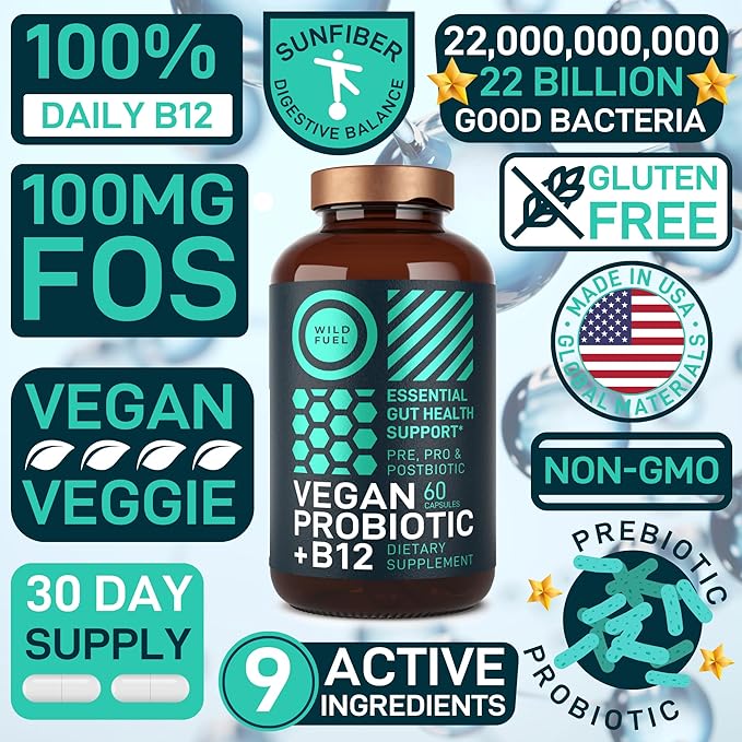 Vegan Probiotic Plus B12-22 Billion CFU Synbiotics Prebiotics and Probiotics for Digestive Health, IBS, Mood Support - B12 with FOS Pre Pro Post Biotics for Women & Men - 60 Gluten-Free Capsules