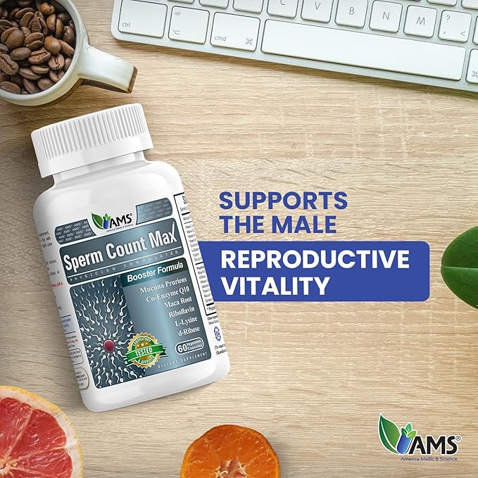 America Medic & Science Sperm Count Max (60 Capsules) | Male Fertility Supplement | Enhances Sperm Count and Reproductive Health | Prenatal Vitamins for Men | with Zinc, CoQ10, Vitamin C, B2, and B12