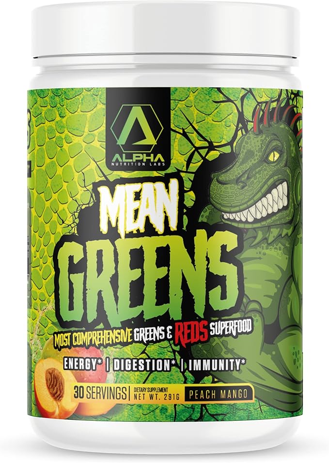 Mean Greens - Sports Greens + Reds Advanced Superfood Immunity and Gut Health | Cordyceps | Delicious Peach Mango Flavor - 30 Servings