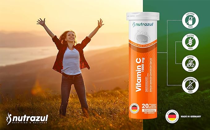 Nutrazul Vitamin C 1000mg Effervescent Tablets- Orange 20’s | 20 Days Supply | Gluten Free, Lactose Free, Sugar Free & Preservative Free | Maintains Immune Function