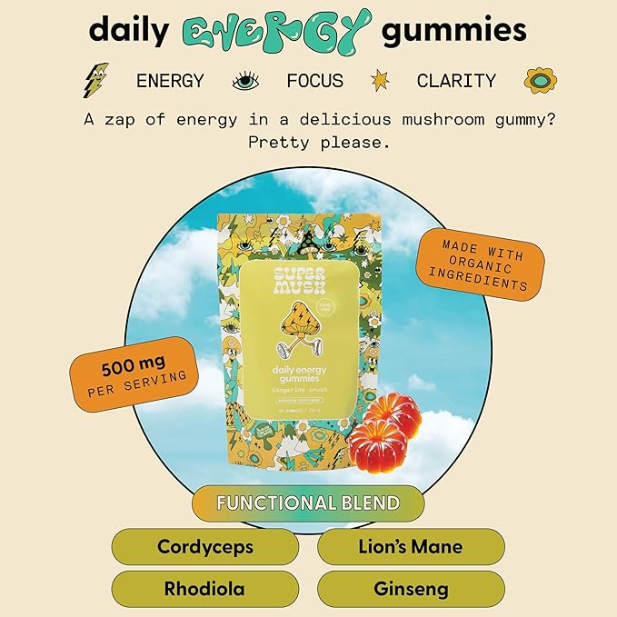 Energy Mushroom Gummies - Organic Lions Mane Supplement with Cordyceps, Rhodiola, L-Theanine, Maca - Vegan & Sugar-Free - Energy, Focus, Stamina, Stress Reduction - 60 Gummies (30 Servings)