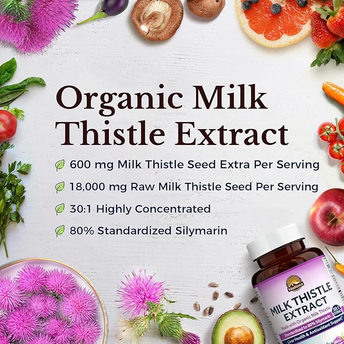 Vitalitown Organic Milk Thistle Antioxidant Support, Detox & Cleansing, 120 Vegan Caps