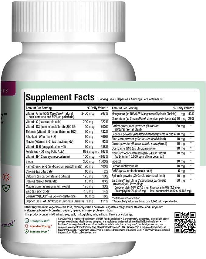 Maxi Health Teen Supreme Hers Vitamins for Teen Girls (120) - Women's Multivitamin for Energy, Immune Boost, Body & Brain Growth - Womens Multi Vitamins Including D3, Iron, Calcium, Digestive Enzyme