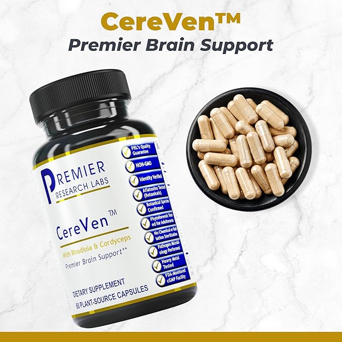Premier Research Labs Cereven - Brain Support Supplement with Rhodiola Extract, Marine Coral & Turmeric - Herbal Extracts Dietary Supplements - 60 Plant-Source Capsules