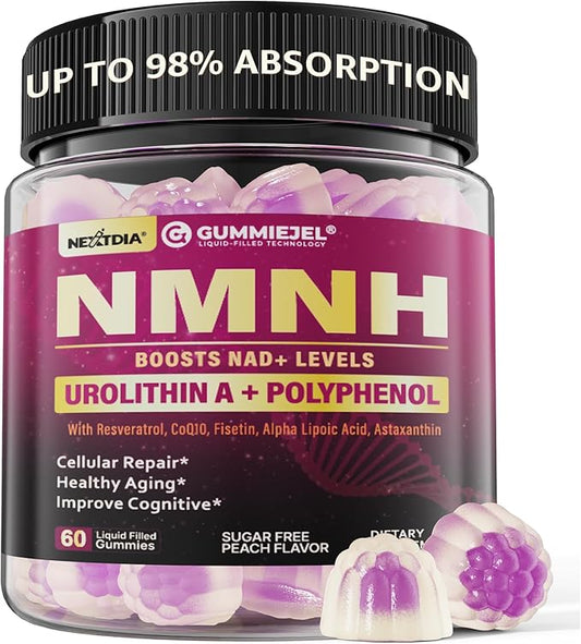 NAD+ Supplement for Women & Men, NMNH Gummies with Urolithin A, Polyphenol Complex, Resveratrol, Ultra Strength Optimized Aging, Cell Regeneration, Longevity, DNA Repair, Focus, Sugar Free, 60cts
