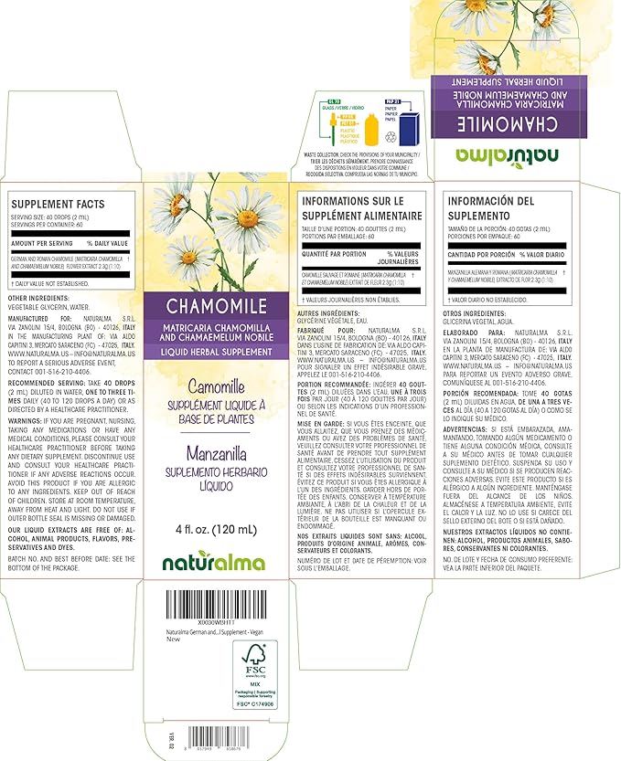 Naturalma German and Roman Chamomile (Matricaria chamomilla and Chamaemelum nobile) Flower Alcohol-Free Tincture - 4 fl oz Liquid Extract in Drops - Herbal Supplement - Vegan