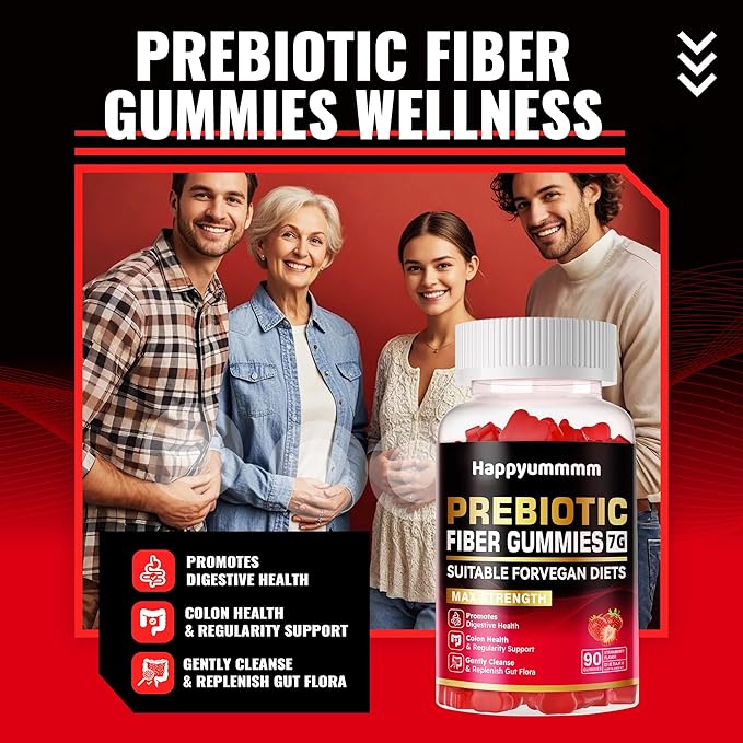 Prebiotic Fiber Gummies for Adults, 7G Extra Strength, Zero Sugar Added, 90 Pectin Based Gummies, Digestive Health & Regularity Support-Strawberry