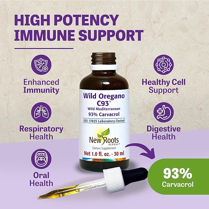 New Roots | Wild Oregano Oil Drops, C93 | 93% Carvacrol (1 fl oz) Compare to Organic | Hand-Picked Mediterranean Oregano Oil Liquid | Non-GMO, Vegan, Gluten-Free