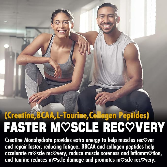 Creatine Monohydrate Gummies for Men & Women - with BCAA, Collagen Peptides, L-Taurine, Vitamin B12, D3, Chewables Creatine Monohydrate 5g Per Serving, Natural Lemon Flavor, Sugar Free, 2 Pack