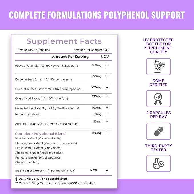 Resveratrol Supplement with Quercetin, Berberine, Grape Seed Extract & Polyphenol Blend for Skin Health, Immune Support & Antioxidant Boost