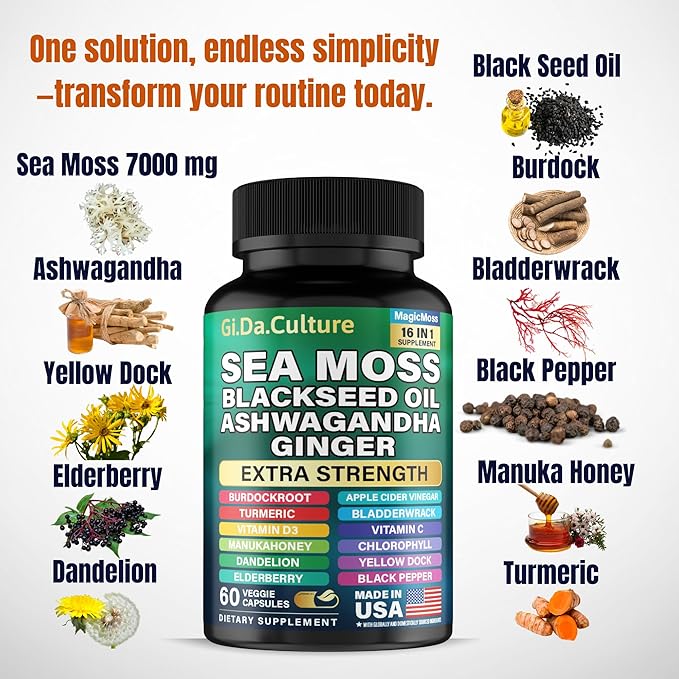 Sea Moss and Shilajit Bundle - Shilajit and Sea Moss Combo with Ashwagandha Black Seed Oil Turmeric Bladderwrack Burdock Root Black Pepper with Vitamins and Antioxidants - 60 Day Supply