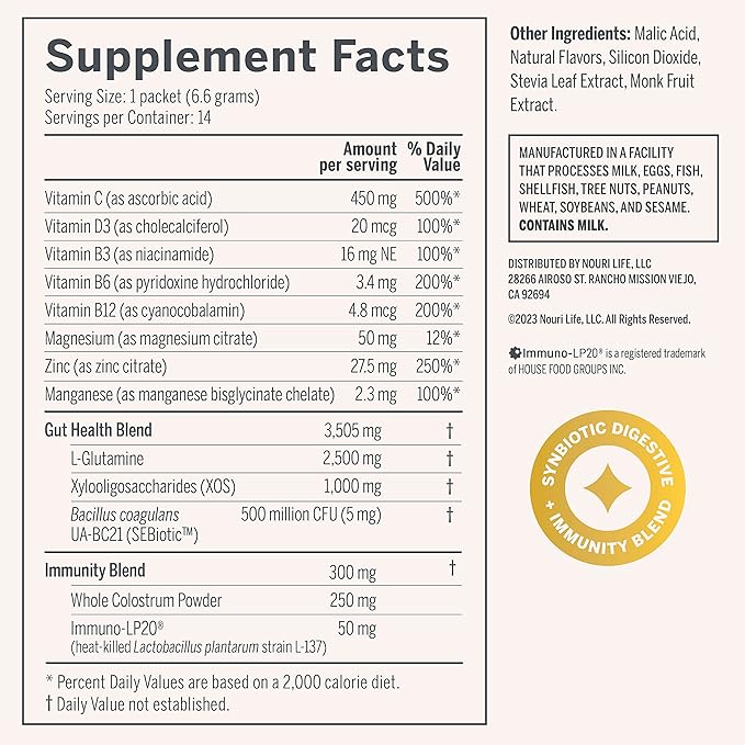 Nouri Daily StayWell Lemonade Drink Mix | Probiotics, Prebiotics, Colostrum, L-Glutamine, Vitamins D & B12, Magnesium, Manganese & Zinc for Gut Health, Digestion & Immunity | 14 Stick Packs