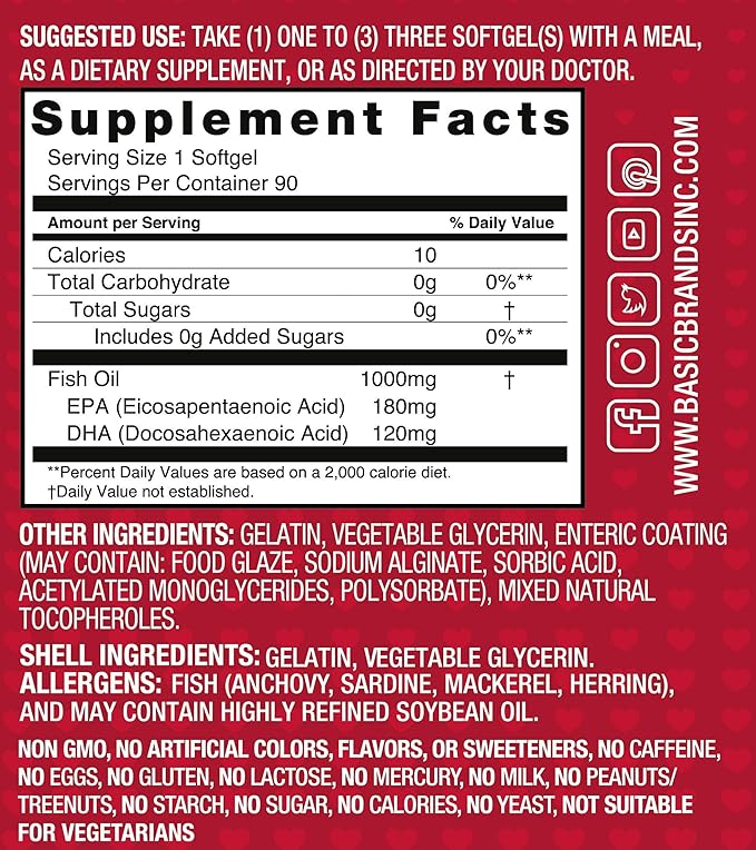 Smart Heart Odorless Omega-3 Fish Oil, Burp-Less, No Fishy Smell, 1000 mg, 90 Count