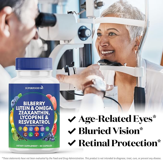 Superfood MD Eye Health Vitamins with Bilberry Lutein & Zeaxanthin Lycopene 40mg Resveratrol Grape Seed Extract Astaxanthin- AREDS 2 - Eye Vitamin - 120 Capsules