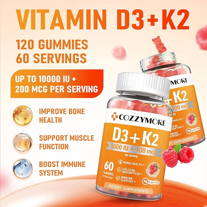 Sugar Free Vitamin D3 K2 Gummies, Vitamin D Gummies Supplement, 10000 IU + 200mcg D3 and K2 Supplements, Tasty Gummy Vitamins, Support For Bones Muscle Teeth Immune, 60 Servings 120 Gummies, Raspberry