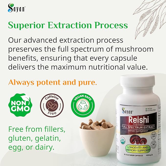 Sayan Reishi Mushroom Extract 90 Capsules/440mg Each – Longevity, Vitality, Wellness & Immune Support Supplement – USDA Organic & Vegan – Non-GMO, No Fillers, or Additives – Always Pure and Potent