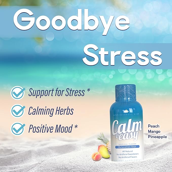 Calm & Easy - Natural Stress Relief Shot, KSM-66 Ashwagandha, Suntheanine L Theanine, Calming Adaptogen Drink, Relaxation, Focus, and Mood | 2 oz Liquid Bottle (12 Pack)