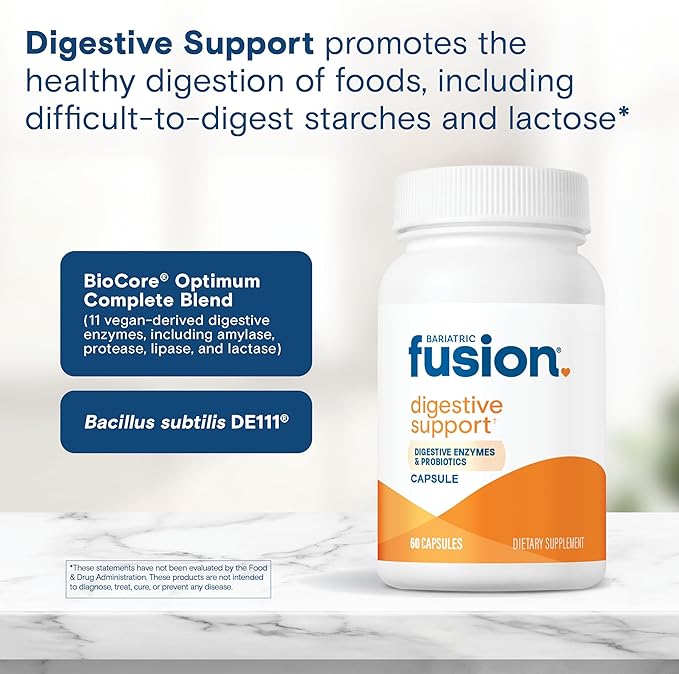 Bariatric Fusion Digestive Support: Digestive Enzymes with Probiotics | Vegan Supplement | Probiotics for Digestive Health and Gut Health Support | Gluten, Dairy & GMO Free | 60 Capsules