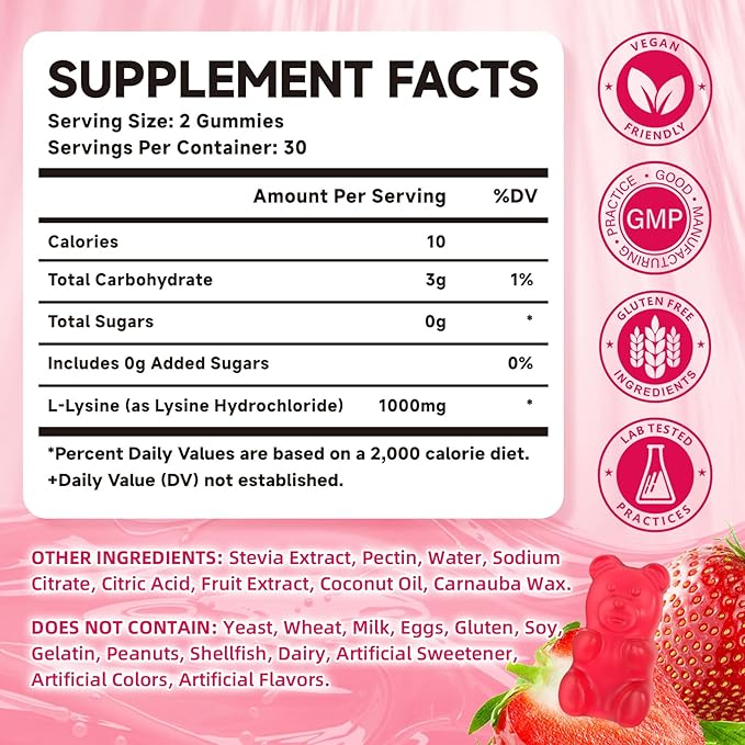 L-Lysine 1000mg Gummies, Chewable Lysine Supplement for Adults & Kids Immune Support, Essential Amino Acid, Vegetarian, Non-GMO, Sugar-Free, Gluten Free, Strawberry Flavor, 60 Counts