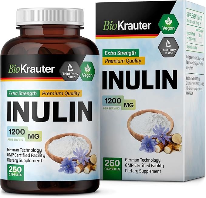 BIO KRAUTER Inulin Powder Capsules - 1200 mg Strength - 250 Count - Pure Soluble Fiber Supplements - Chicory Root Fiber Capsules for Digestive Support - Vegan