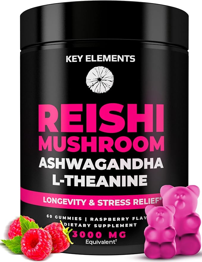 Natural Reishi Mushroom Gummies & L Theanine with Ashwagandha - Potent Mushroom Supplements for Immune Support, Stress Relief & Improve Sleep Gummies - Ashwagandha Gummies for Women & Men